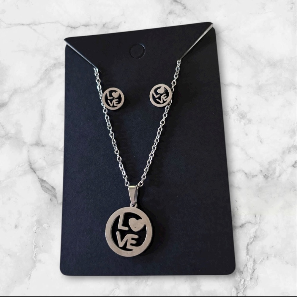 Stainless Steel Love ❤️ Earrings and Necklace Set.  18” Chain. New